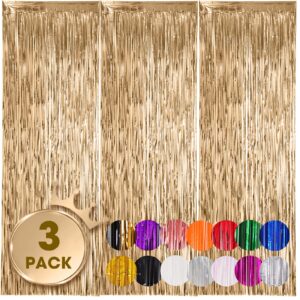voircoloria 3 pack 3.3x8.2 feet champagne foil fringe backdrop curtains, tinsel streamers birthday party decorations, fringe backdrop for graduation, baby shower, gender reveal, disco party