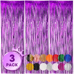 voircoloria 3 pack 3.3x8.2 feet purple foil fringe backdrop curtains, tinsel streamers birthday party decorations, fringe backdrop for graduation, baby shower, gender reveal, disco party