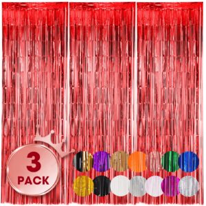voircoloria 3 pack 3.3x8.2 feet red foil fringe backdrop curtains, tinsel streamers birthday party decorations, fringe backdrop for graduation, baby shower, gender reveal, disco party