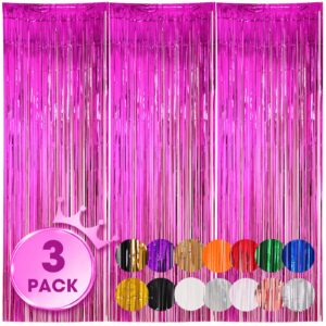 voircoloria 3 pack 3.3x8.2 feet pink foil fringe backdrop curtains, tinsel streamers birthday party decorations, fringe backdrop for graduation, baby shower, gender reveal, disco party
