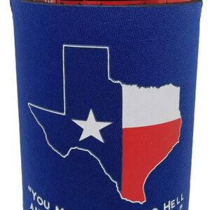 Texas Map "You May All Go To Hell And I Will Go To Texas" Blue Printed Collapsible Insulated Can Jacket Holder