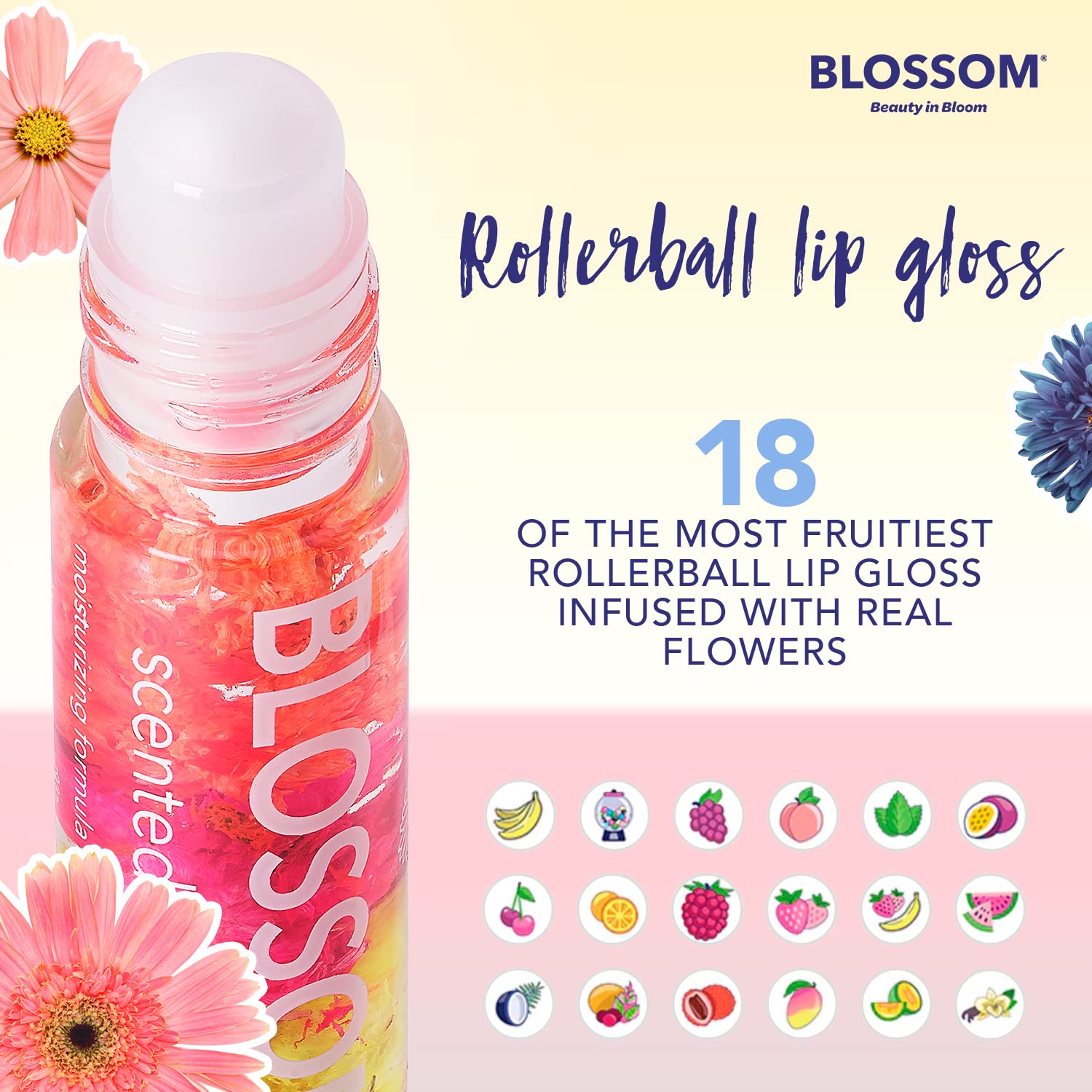 Blossom Scented Roll on Lip Gloss, Infused with Real Flowers, Made in USA, 0.40 fl oz, 2 pack, Raspberry/Watermelon