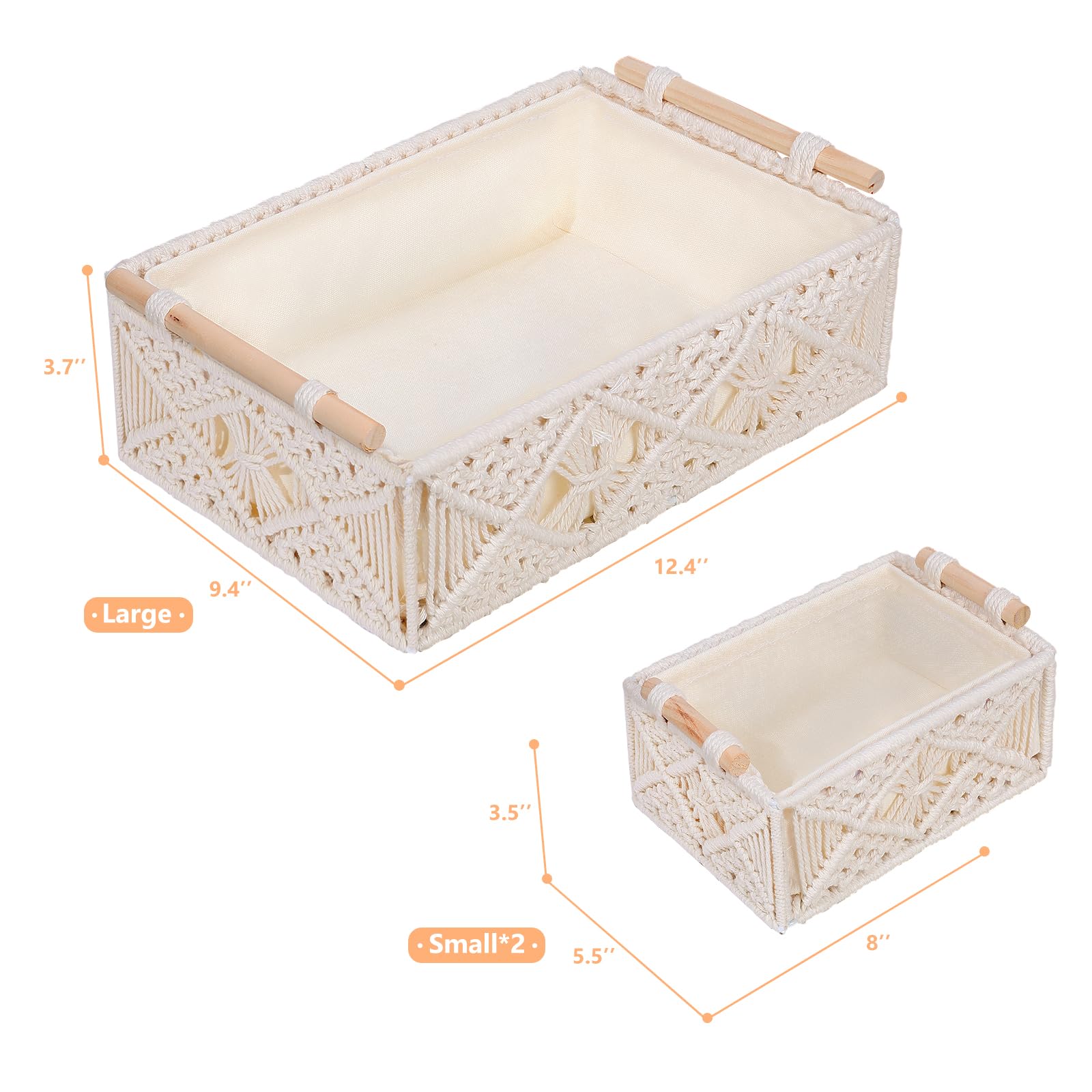 ANMINY Macrame Storage Baskets 3PCS Handmade Woven Cotton Rope Storage Bins Set Decorative Boho Boxes with Wood Handles Removable Washable Linen Liner Countertop Toilet Tank Shelf Cabinet Organizer