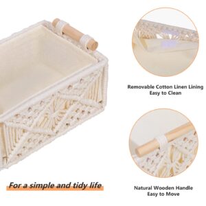 ANMINY Macrame Storage Baskets 3PCS Handmade Woven Cotton Rope Storage Bins Set Decorative Boho Boxes with Wood Handles Removable Washable Linen Liner Countertop Toilet Tank Shelf Cabinet Organizer