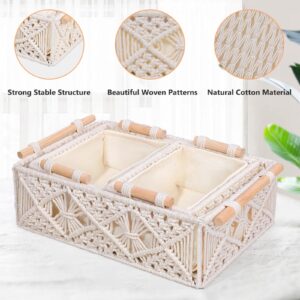 ANMINY Macrame Storage Baskets 3PCS Handmade Woven Cotton Rope Storage Bins Set Decorative Boho Boxes with Wood Handles Removable Washable Linen Liner Countertop Toilet Tank Shelf Cabinet Organizer