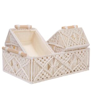 ANMINY Macrame Storage Baskets 3PCS Handmade Woven Cotton Rope Storage Bins Set Decorative Boho Boxes with Wood Handles Removable Washable Linen Liner Countertop Toilet Tank Shelf Cabinet Organizer