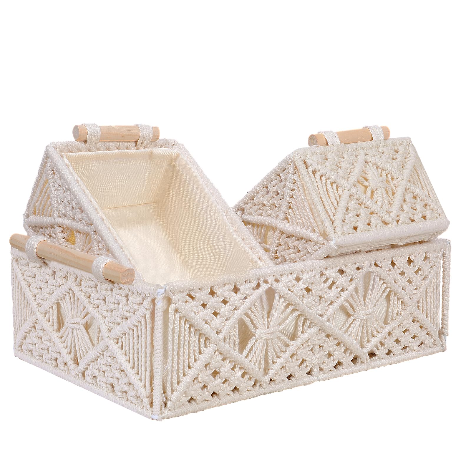 ANMINY Macrame Storage Baskets 3PCS Handmade Woven Cotton Rope Storage Bins Set Decorative Boho Boxes with Wood Handles Removable Washable Linen Liner Countertop Toilet Tank Shelf Cabinet Organizer