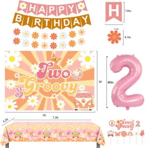 Tsoifu 120Pcs Two Groovy Party Decorations for Girl 2nd Birthday Daisy Party Decorations Daisy Backdrop Tablecloth and Balloon Garland Kit