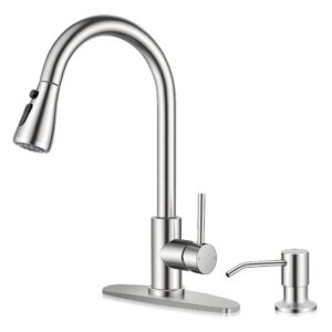 homikit kitchen sink faucet with pull down sprayer & soap dispenser, brushed nickel stainless steel kitchen faucet with deck plate, high arc single handle sink faucet for utility rv laundry