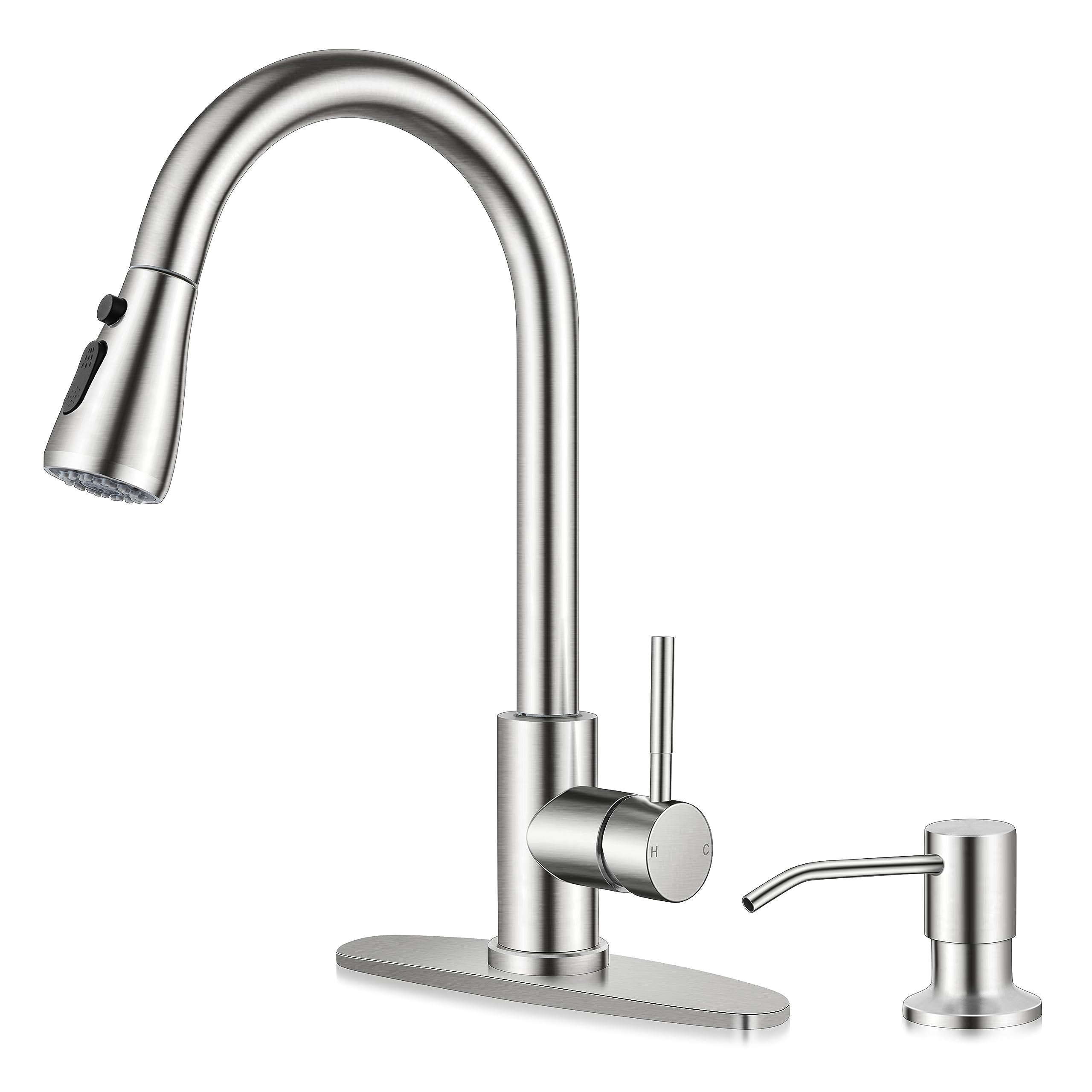 Homikit Kitchen Sink Faucet with Pull Down Sprayer & Soap Dispenser, Brushed Nickel Stainless Steel Kitchen Faucet with Deck Plate, High Arc Single Handle Sink Faucet for Utility Rv Laundry