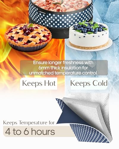 Premium Insulated Round Casserole Carrier & Insulated Pie Carrier (12.5" x 6") – Stylish Pie Carrier with Lid and Handle – Collapsible Cake Carrier, Cheesecake Carrier for transport [Navy Polka Dot]