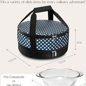 Premium Insulated Round Casserole Carrier & Insulated Pie Carrier (12.5" x 6") – Stylish Pie Carrier with Lid and Handle – Collapsible Cake Carrier, Cheesecake Carrier for transport [Navy Polka Dot]