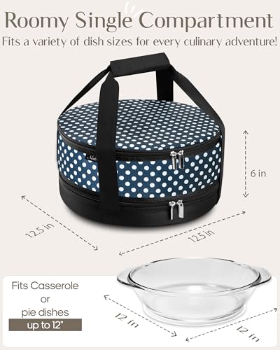 Premium Insulated Round Casserole Carrier & Insulated Pie Carrier (12.5" x 6") – Stylish Pie Carrier with Lid and Handle – Collapsible Cake Carrier, Cheesecake Carrier for transport [Navy Polka Dot]