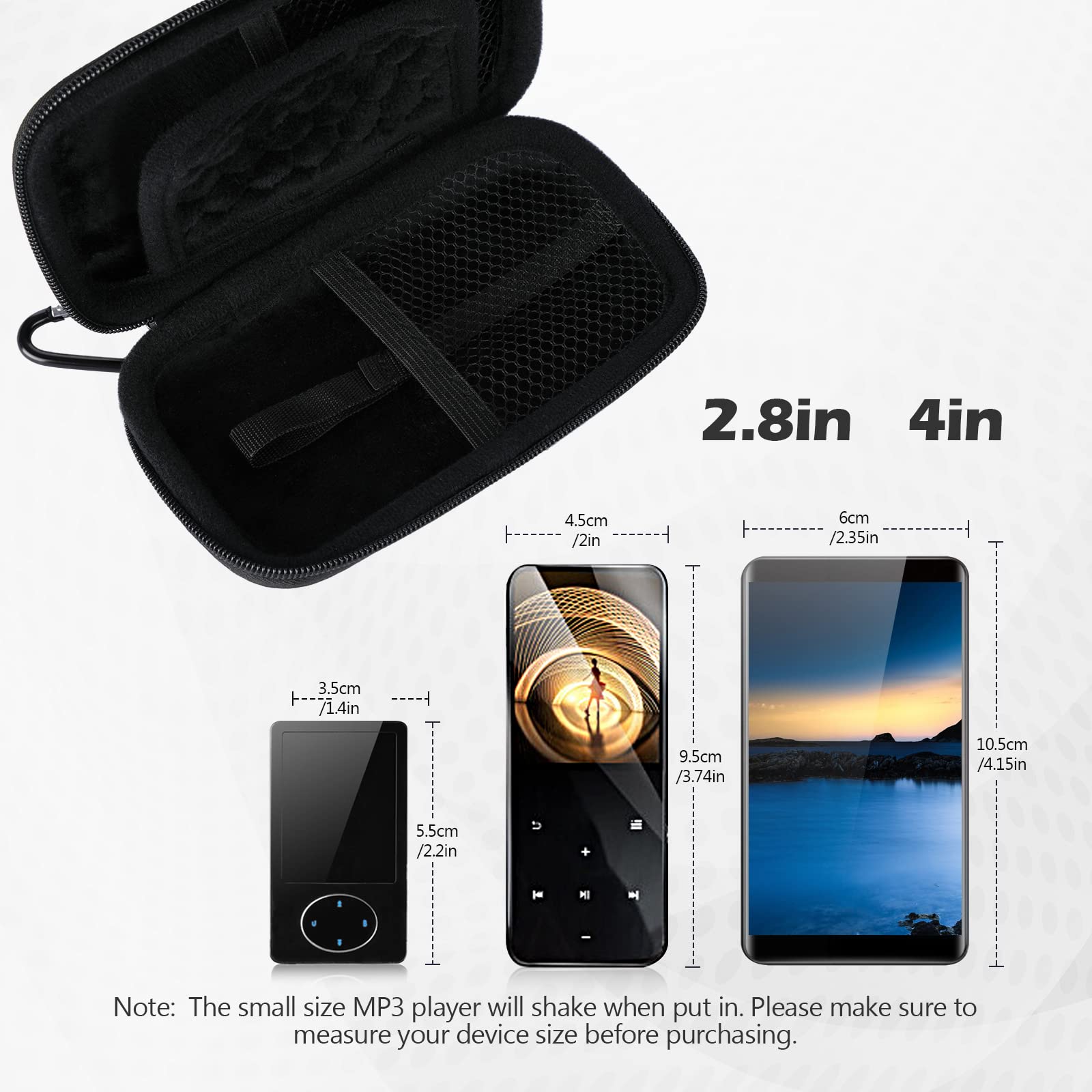 AGPTEK MP3 MP4 Player Case for 4 inch MP3 Music Player, Compatible with AGPTEK, innioasis, MYMAHDI, TIMMKOO, Luoran and other MP3 Players under 4 inch, Portable Carrying Case with Metal Carabiner Clip