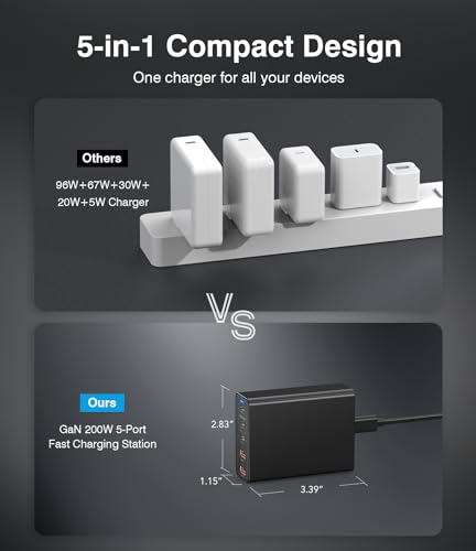 200W USB C Fast Charger 5-Port Charging Station Block Hub Laptop Charger Power Adapter Compatible with MacBook Pro/Air iPad Pro iPhone 15/14 Google Pixelbook ThinkPad Dell XPS Galaxy S23 Steam Deck