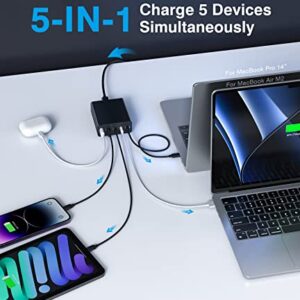 200W USB C Fast Charger 5-Port Charging Station Block Hub Laptop Charger Power Adapter Compatible with MacBook Pro/Air iPad Pro iPhone 15/14 Google Pixelbook ThinkPad Dell XPS Galaxy S23 Steam Deck