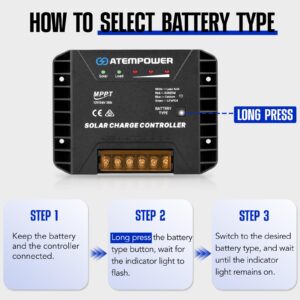 ATEM POWER 20A 12V/24V MPPT Solar Controller Selecting Battery Type Activate Lithium Battery Intelligent Solar Controller Compatible with Lead Acid, AGM, Gel, Calcium and LiFePO4 Battery