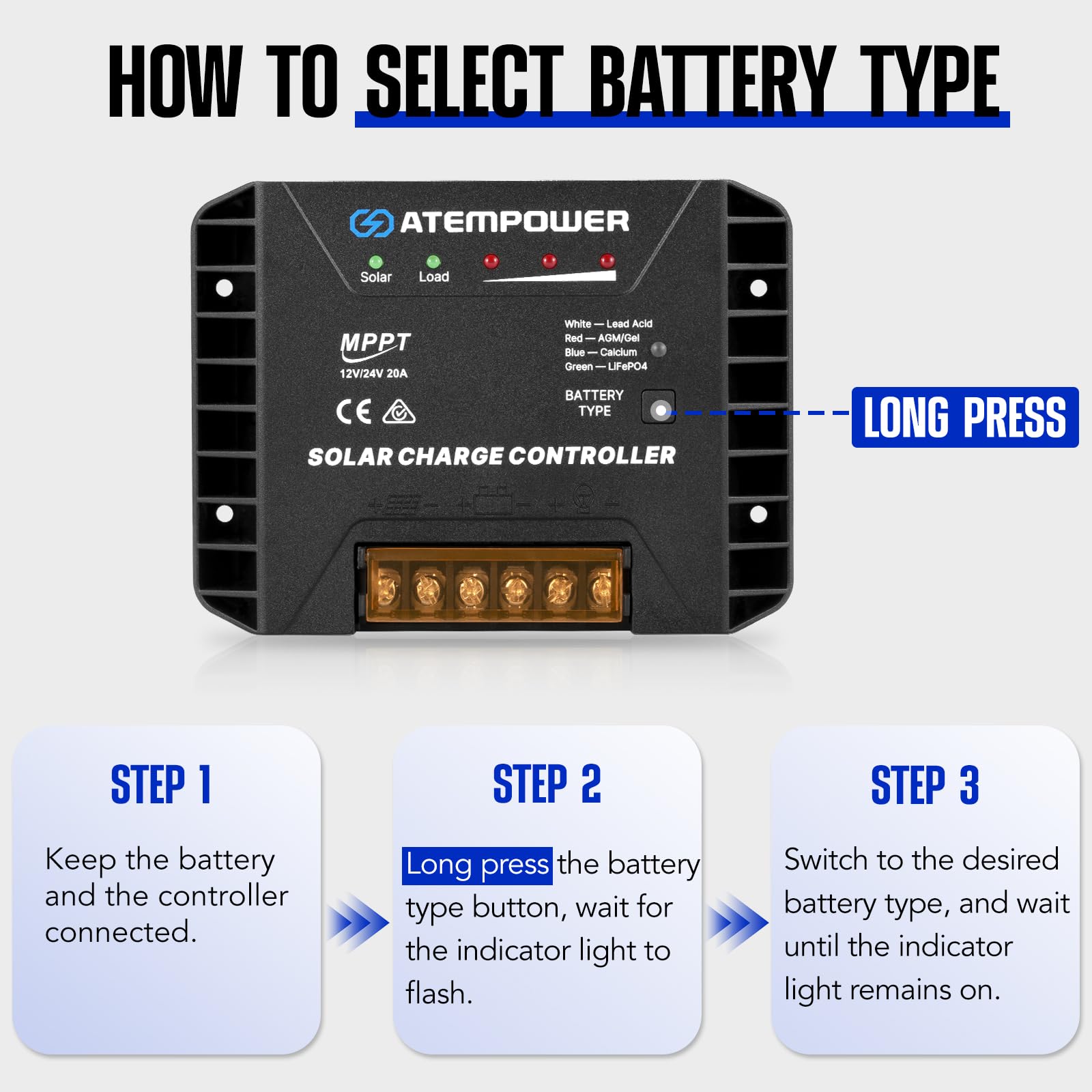 ATEM POWER 20A 12V/24V MPPT Solar Controller Selecting Battery Type Activate Lithium Battery Intelligent Solar Controller Compatible with Lead Acid, AGM, Gel, Calcium and LiFePO4 Battery