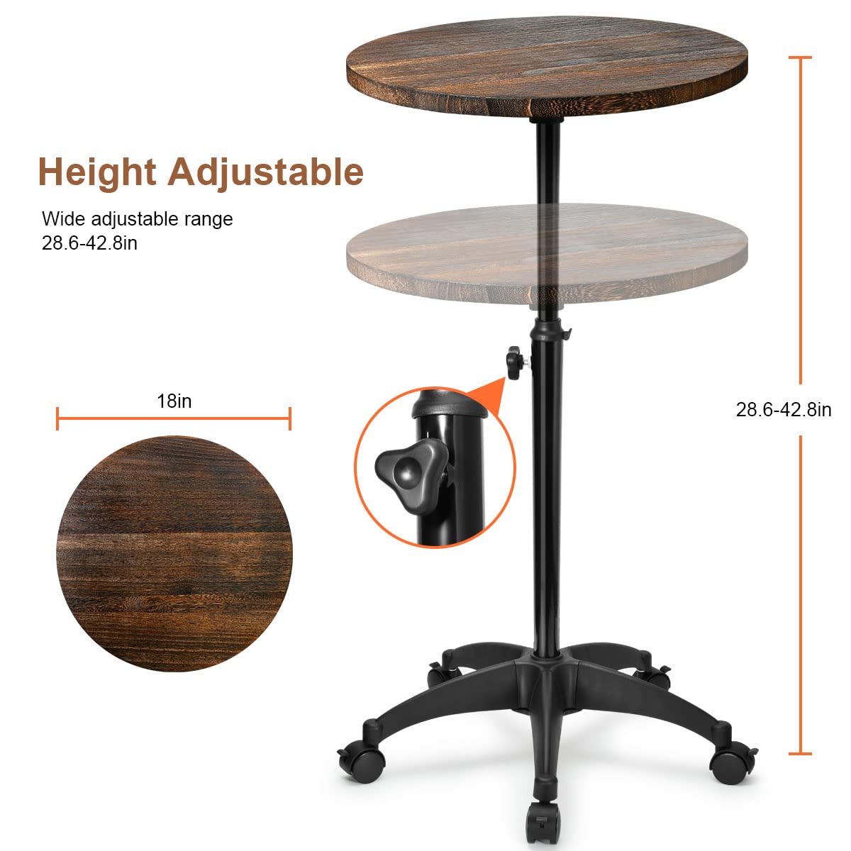 Shrivee Adjustable Height Round Side Table, Multifunctional Mobile Workstation, Portable Standing Desk with Brakes Wheels, Small Round Side Table Moved for Living Room, Bedroom, Home Office