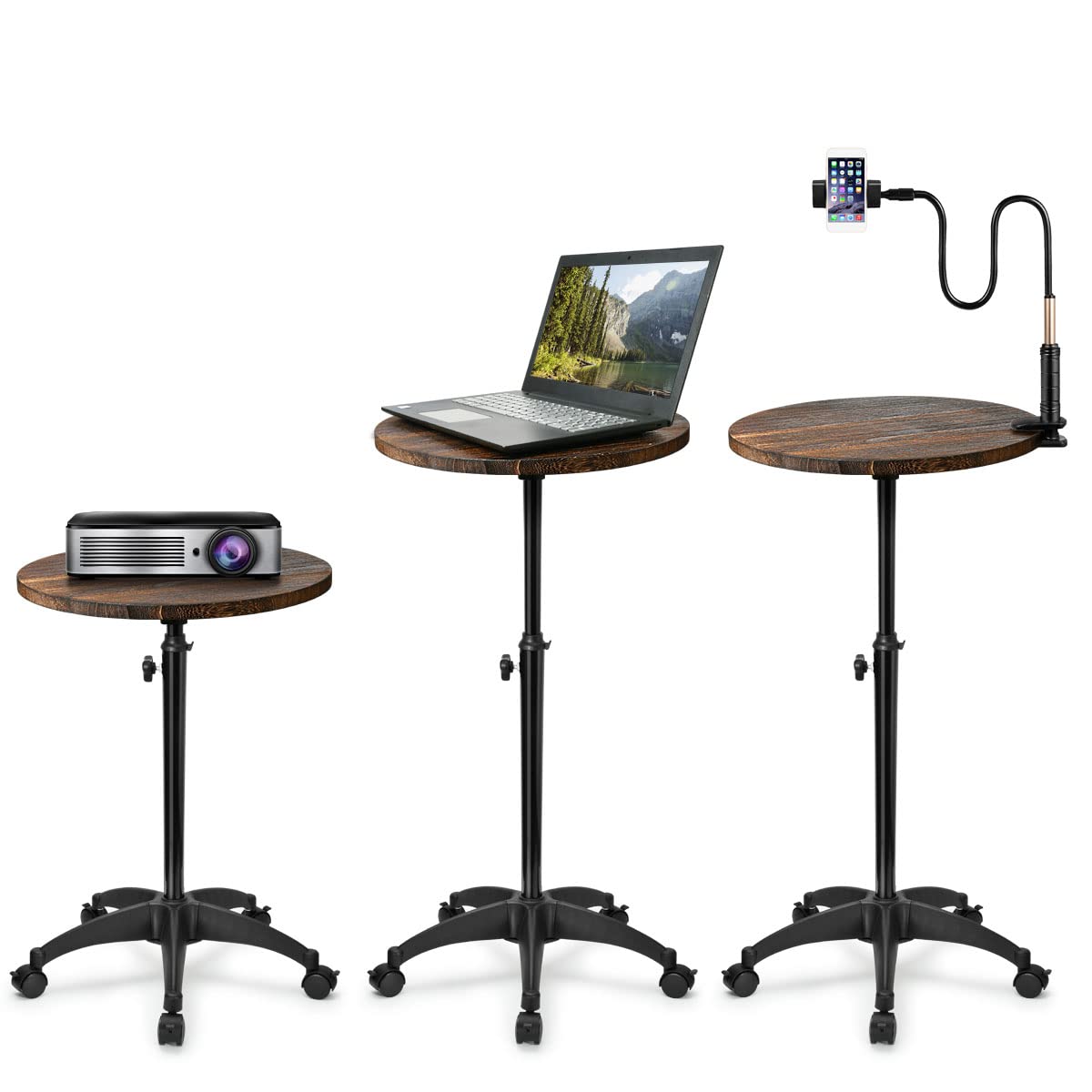 Shrivee Adjustable Height Round Side Table, Multifunctional Mobile Workstation, Portable Standing Desk with Brakes Wheels, Small Round Side Table Moved for Living Room, Bedroom, Home Office
