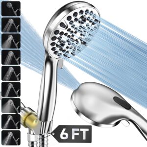 high-pressure 9-setting handheld shower head set- extra long 6 ft durable & flexible stainless steel hose - adjustable brass bracket | anti-clog nozzles| enjoy spa experience shower chrome