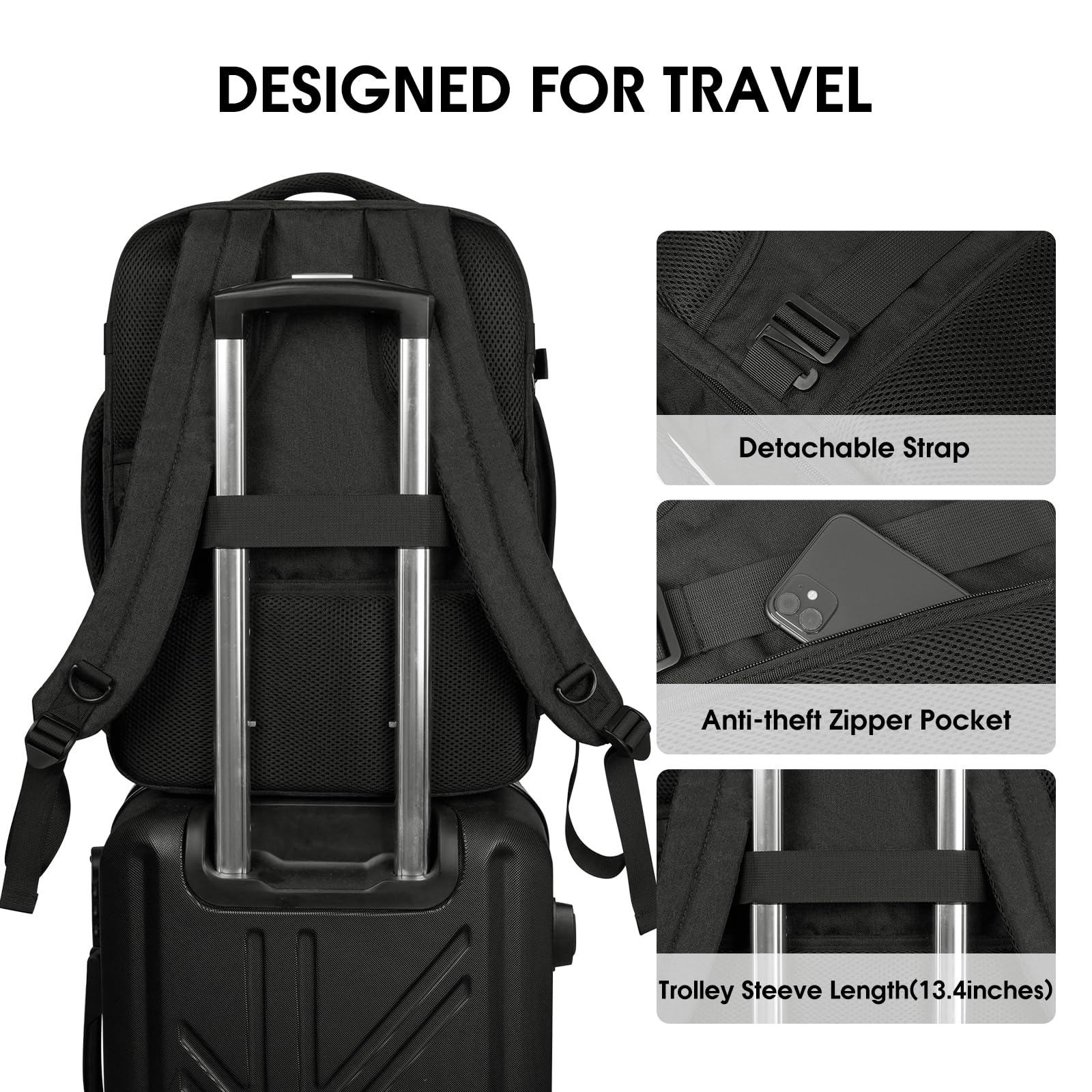 WANDF Travel Backpack For Spirit Airlines Personal Item Bag 18x14x8 with Wet Pocket, 17 Inch Laptop Backpack for Men Women（Black）