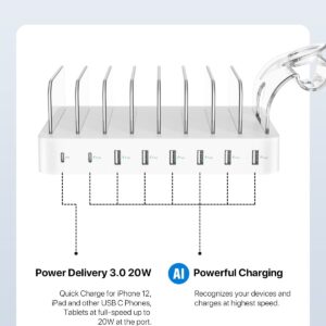 SooPii 8-Port USB-C Charging Station for Multiple Devices, with 1 PD 20W Port Supports Fast Charging, 8pcs Mixed Charging Cables and 1pcs Upgraded Holder for lWatch Charger & Air-Pods, White