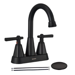 matte black bathroom sink faucet, sbosbo 4 inch bathroom faucet for sink 3 hole, 2 handle sink faucet with pop up drain assembly and 2 water supply hoses for rv bathroom vanity