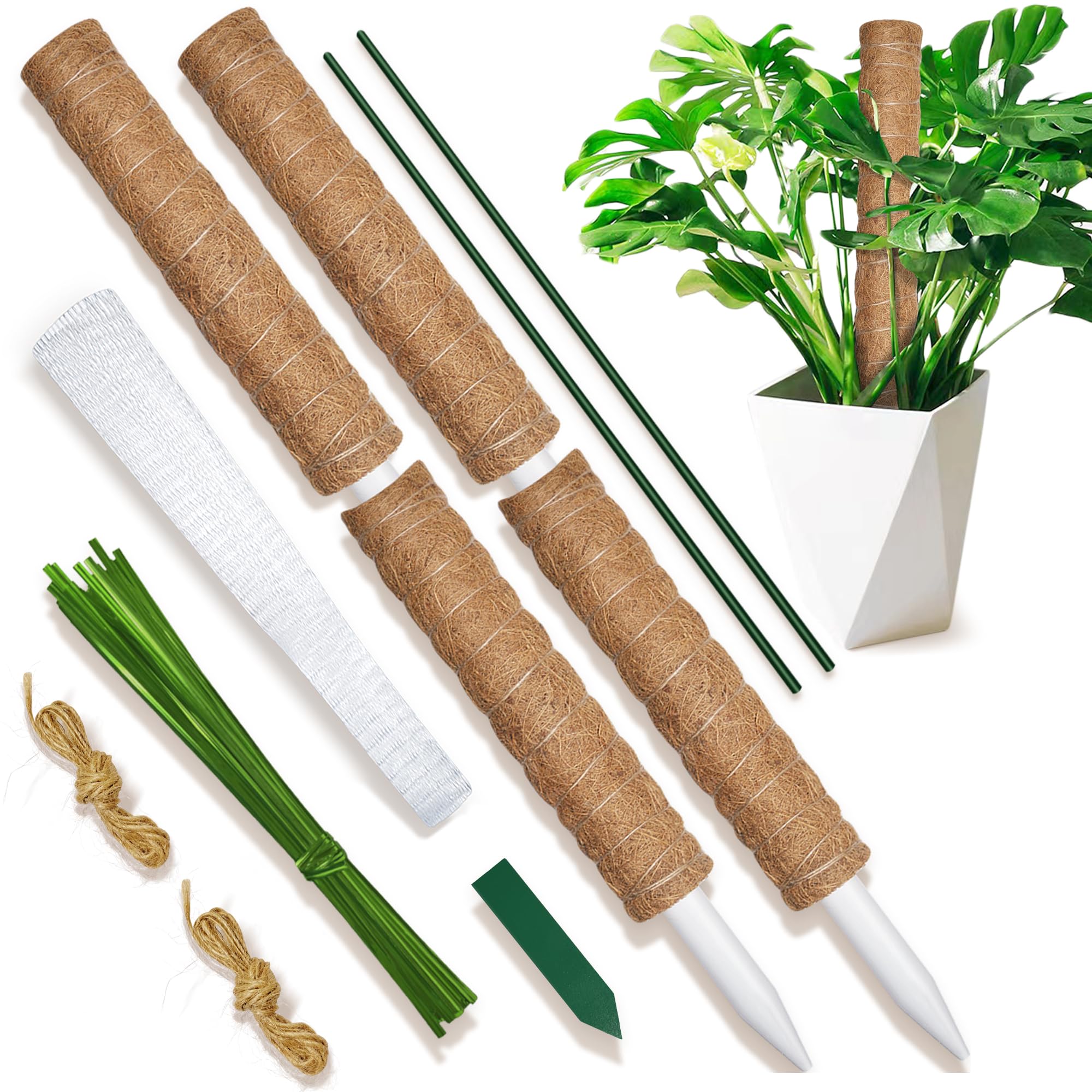 Homeyeco Moss Pole for Plants, 4PCS 17” Stackable Moss Poles, 53” Super Stable Rot-Proof Moss Pole Monstera Plant Support, Plant Stakes with Garden Label, Jute Rope, Moss Net& Iron Stick Support