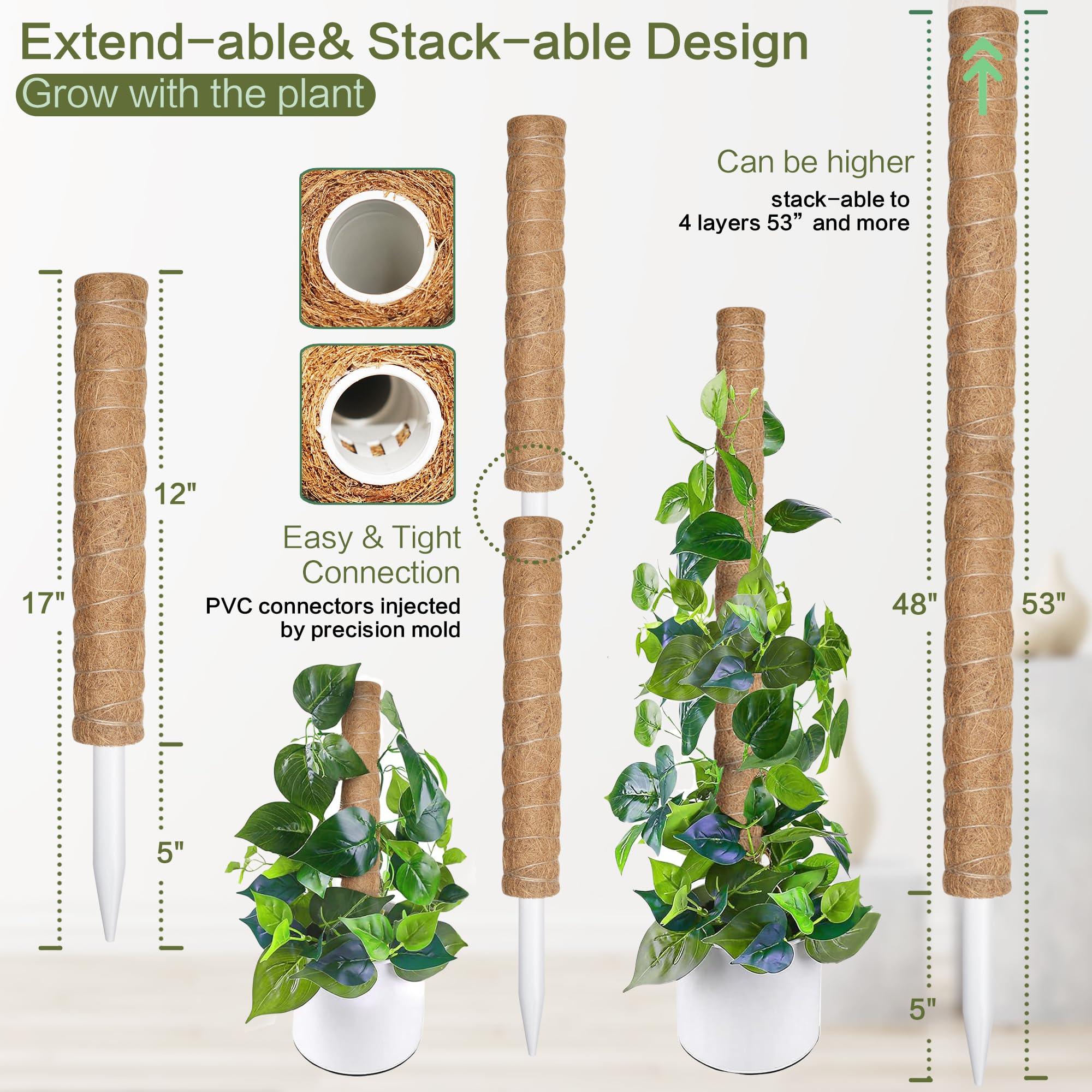 Homeyeco Moss Pole for Plants, 4PCS 17” Stackable Moss Poles, 53” Super Stable Rot-Proof Moss Pole Monstera Plant Support, Plant Stakes with Garden Label, Jute Rope, Moss Net& Iron Stick Support