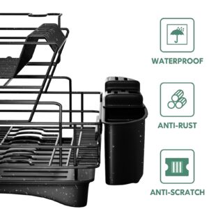 LAMSTOM Dish Drying Rack for Kitchen Organization, 2 Tier Large Dish Rack with Drainage/Wine Glass Holder/Utensil Holder, Bottle Drying Rack Drainboard Set for Countertop, Corners, Windowsills(Black)