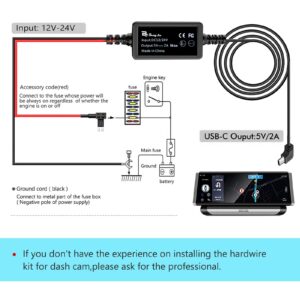 USB C Dash Cam Hardwire Kit,USB C hardwire kit for Dash Camera,Bangjia 12V-24V to 5V/2A Car Dash Camera Charger Power Cord for Type C USB Dash Cam （11.5ft