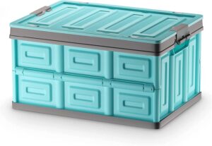 azure sky foldable storage boxes with lids side opening collapsible plastic storage bins organizer containers baskets cub with cover(blue, 30l) 2-pack