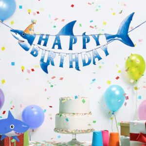 WERNNSAI Shark Happy Birthday Banner - Shark Party Decorations for Kids Boys Pre-strung Shark Birthday Banner Ocean Theme Party Supplies Beach Under The Sea Theme Party Hanging Wall Decor