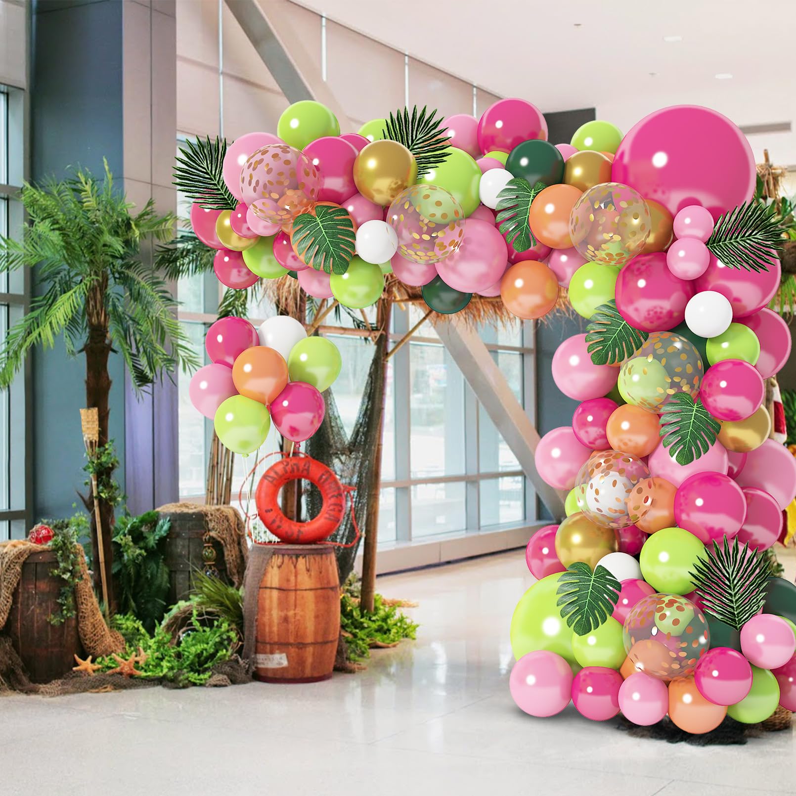 146Pcs Tropical Balloons Garland Arch Kit, Hawaiian Luau Tropical Aloha Flamingo Party Decorations Hot Pink Fruit Green Rose Gold Confetti Balloons Palm Leaves Birthday Baby Shower Wedding Supplies