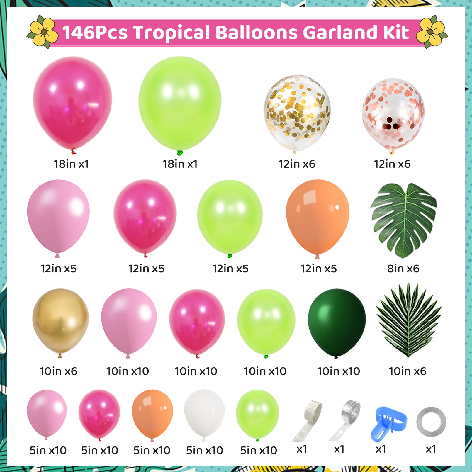 146Pcs Tropical Balloons Garland Arch Kit, Hawaiian Luau Tropical Aloha Flamingo Party Decorations Hot Pink Fruit Green Rose Gold Confetti Balloons Palm Leaves Birthday Baby Shower Wedding Supplies