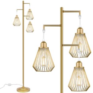 qimh industrial floor lamps for living room, tree standing lamp with 3 teardrop cage shades, 68" modern tall lamps for bedroom office home light decor, e26 socket, pedal switch, brass gold