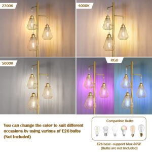 QiMH Industrial Floor Lamps for Living Room, Tree Standing Lamp with 3 Teardrop Cage Shades, 68" Modern Tall Lamps for Bedroom Office Home Light Decor, E26 Socket, Pedal Switch, Brass Gold