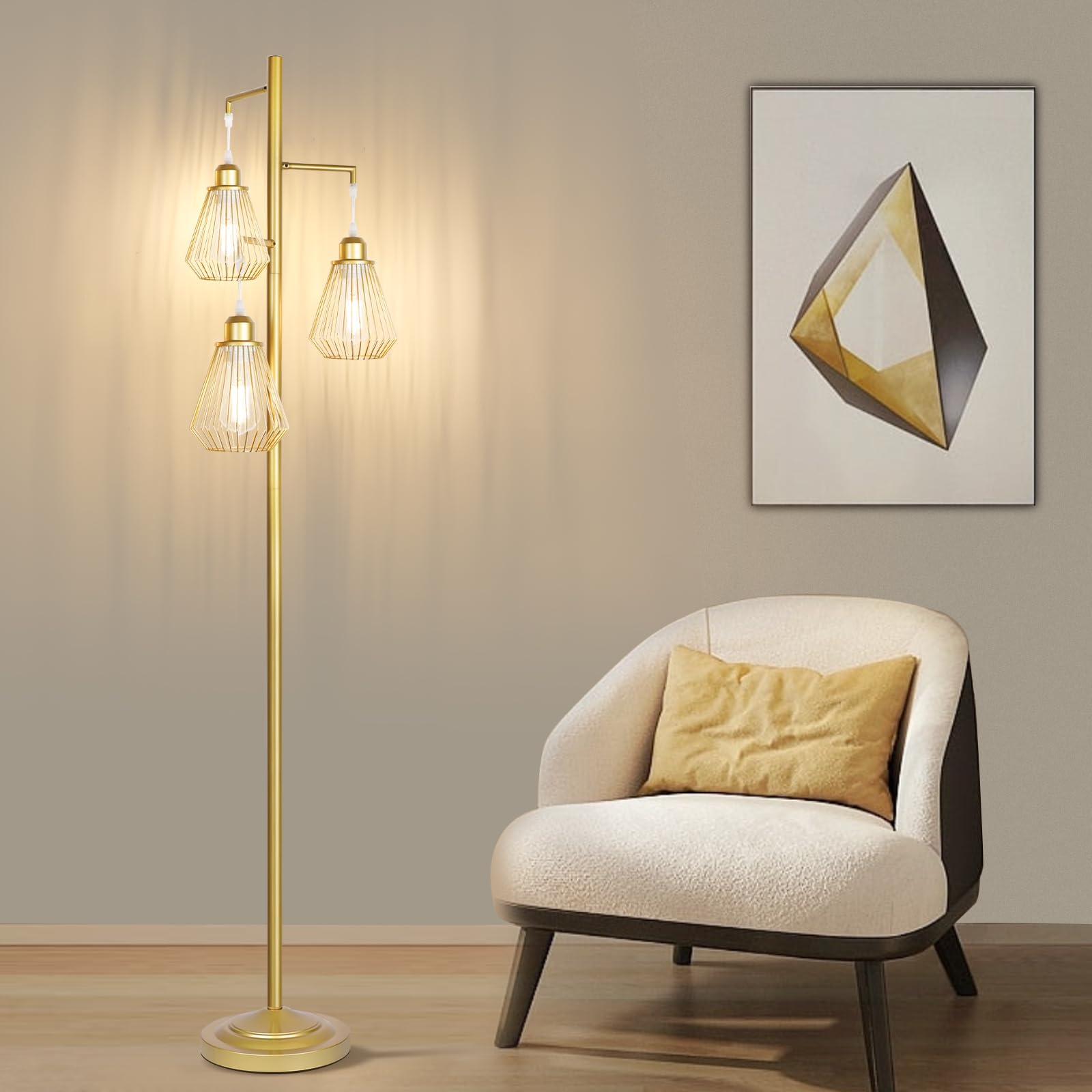 QiMH Industrial Floor Lamps for Living Room, Tree Standing Lamp with 3 Teardrop Cage Shades, 68" Modern Tall Lamps for Bedroom Office Home Light Decor, E26 Socket, Pedal Switch, Brass Gold