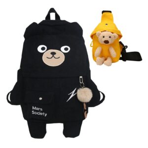 bafokrim kawaii backpack for girls boys teens cute bear large capacity fashion leisure backpack with small bag (black)