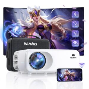 5g wifi bluetooth projector 4k support, 460 ansi native 1080p wimius w6 outdoor movie projector with 300" display, 4p/4d keystone, 50% zoom, video projector compatible ios/android/tv stick/ps4/ppt