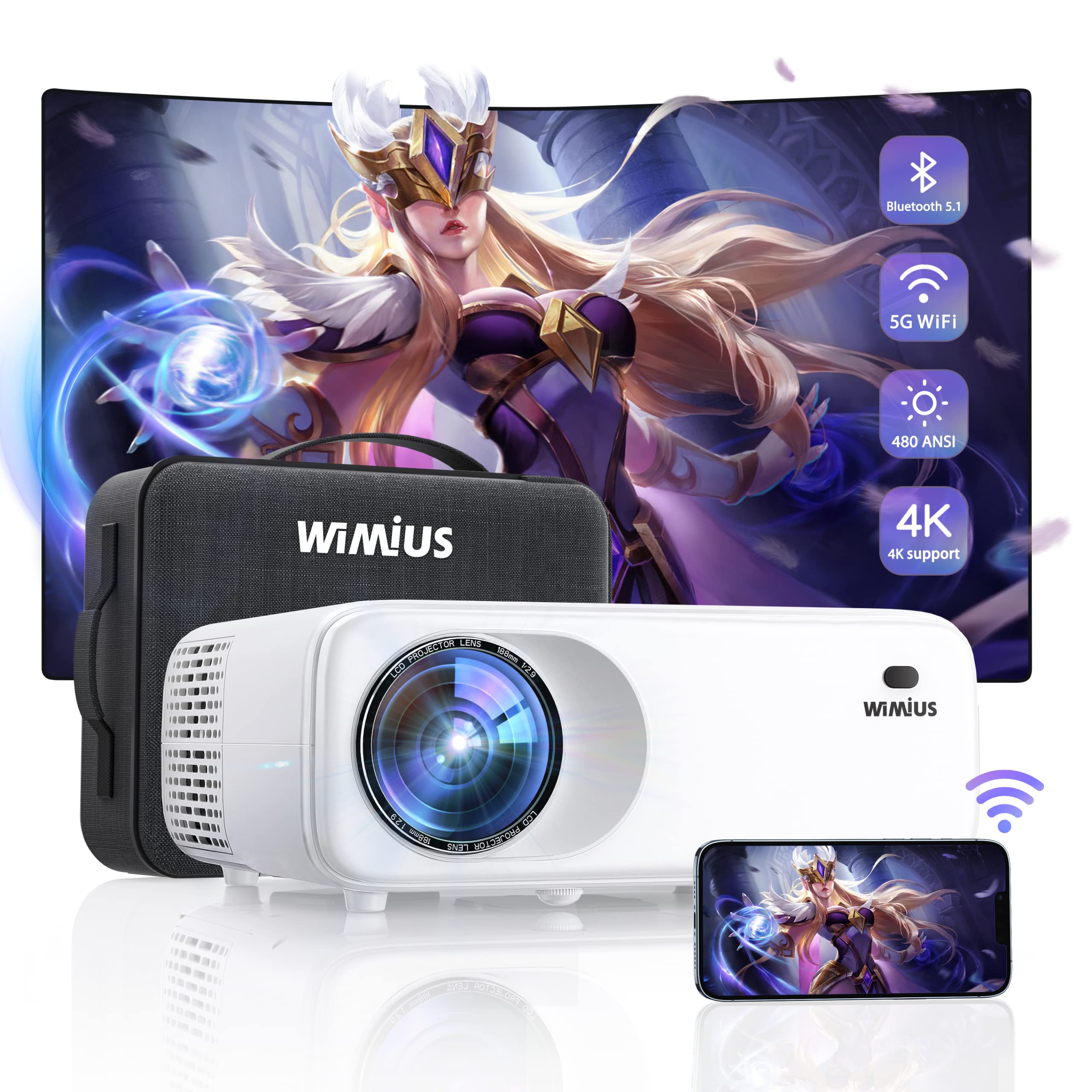 5G WiFi Bluetooth Projector 4K Support, 460 ANSI Native 1080P WIMIUS W6 Outdoor Movie Projector with 300" Display, 4P/4D Keystone, 50% Zoom, Video Projector Compatible iOS/Android/TV Stick/PS4/PPT