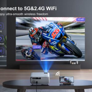 5G WiFi Bluetooth Projector 4K Support, 460 ANSI Native 1080P WIMIUS W6 Outdoor Movie Projector with 300" Display, 4P/4D Keystone, 50% Zoom, Video Projector Compatible iOS/Android/TV Stick/PS4/PPT