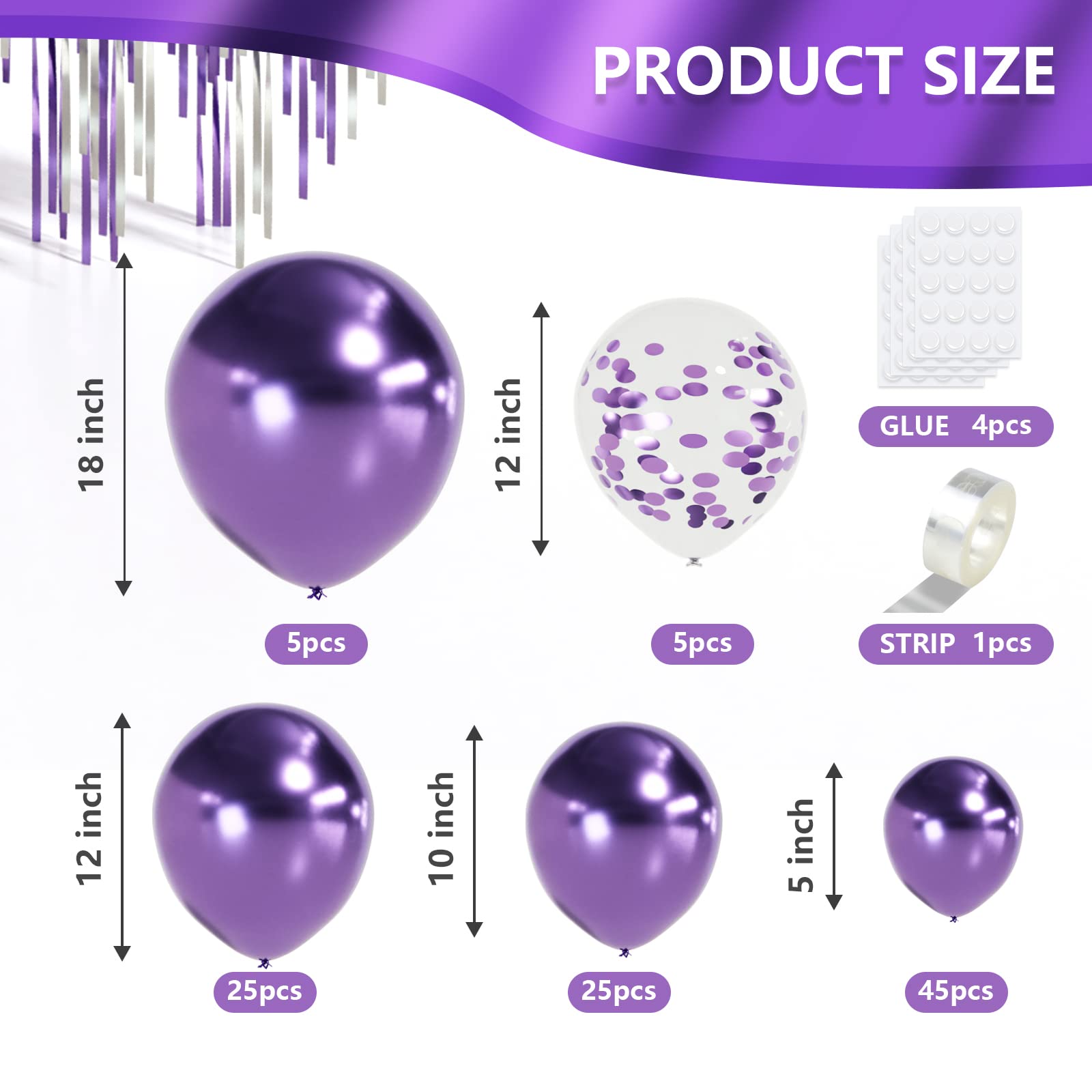 Metallic Purple Balloon Different Sizes 110 Pcs 18 12 10 5 Inch Chrome Balloon Garland Arch Kit Confetti Balloons Purple Party Balloons for Halloween Graduation Baby Shower Birthday Party Decorations