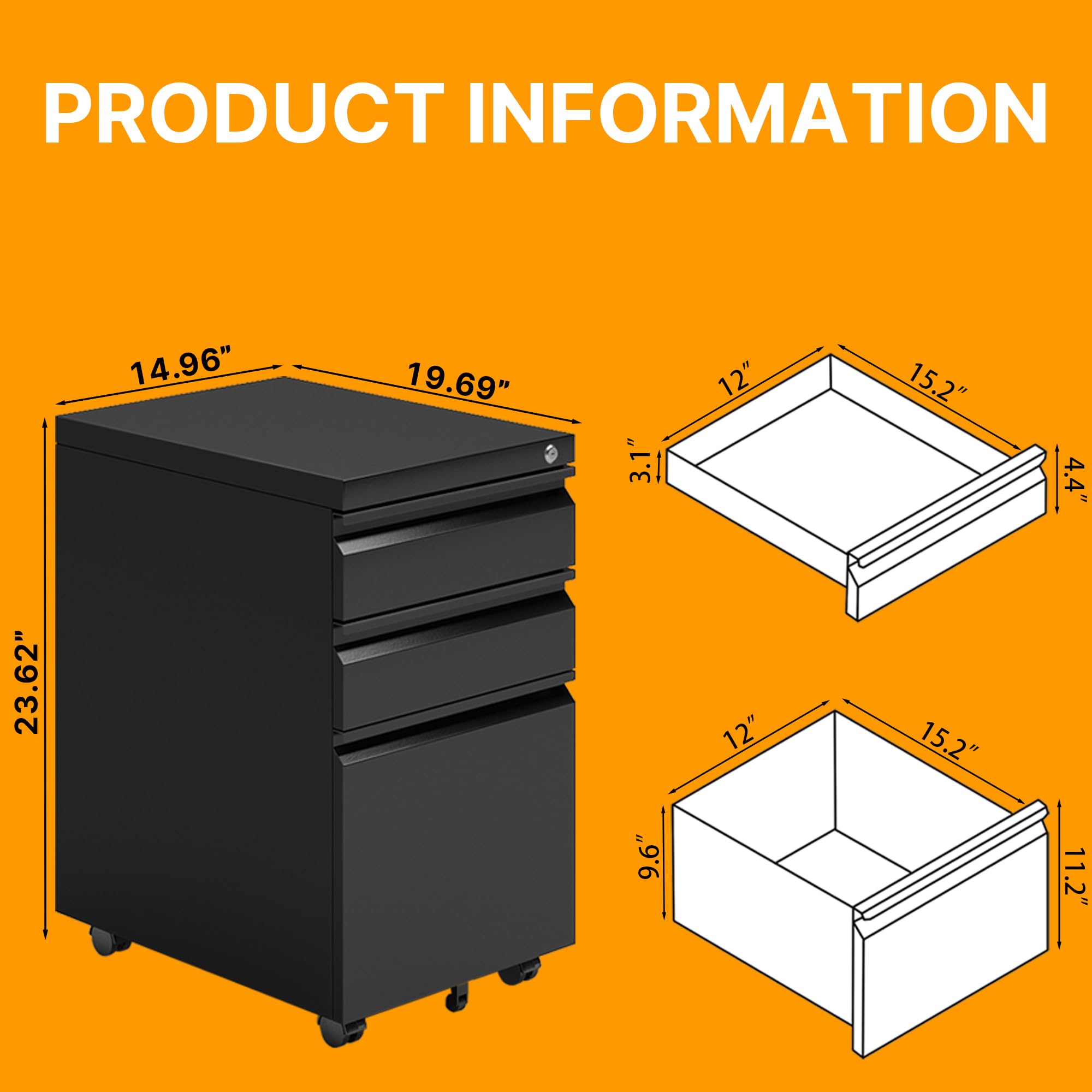 LONTENG 3 Drawer Storage Mobile File CABINETS Under Desk, for Legal & Letter File Anti-tilt Design with Lock Under Desk Office Drawers Fully Assembled