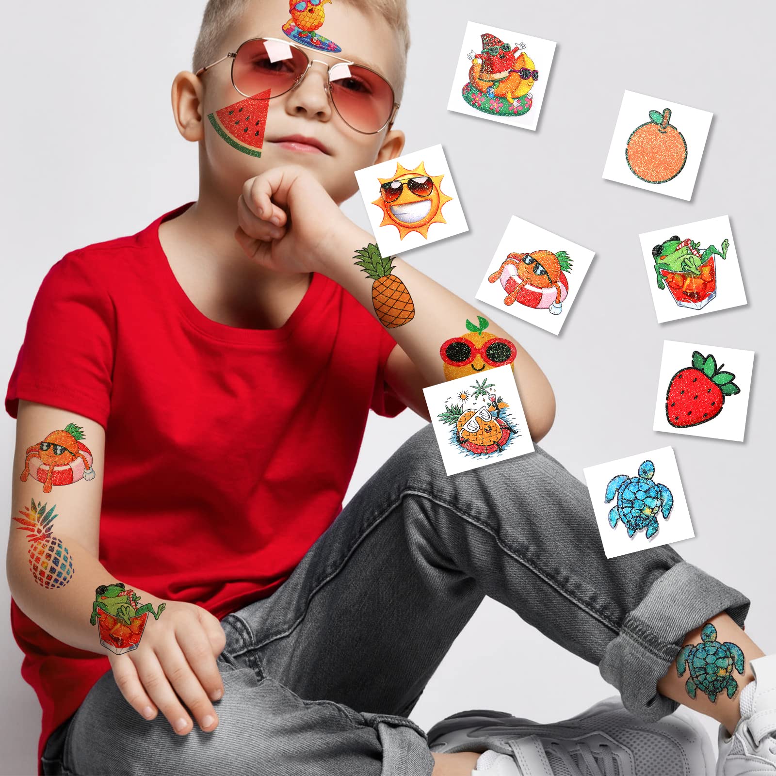 CHARLENT 148 PCS Glitter Summer Fruit Temporary Tattoos for Kids - Watermelon Pineapple Individual Tattoos for Boys Girls Pool Birthday Party Favors Goodie Bag Fillers