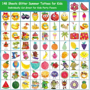 CHARLENT 148 PCS Glitter Summer Fruit Temporary Tattoos for Kids - Watermelon Pineapple Individual Tattoos for Boys Girls Pool Birthday Party Favors Goodie Bag Fillers