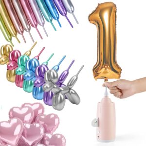 electric magic balloon pump, electric air inflator party air blower pump with 1 nozzle 1 balloon cutter and 10 pcs long balloons,great for twisty curly balloon, foil balloons (pink)