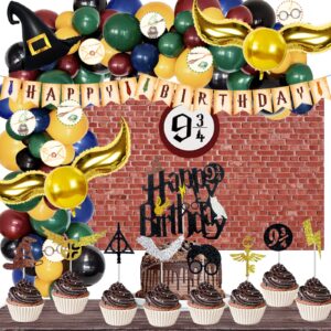 126 pcs magical wizard party decorations, fiesec platform birthday party decorations red brick backdrop balloon garland banner cake cupcake toppers cutout 4d golden snitch witch hat balloon