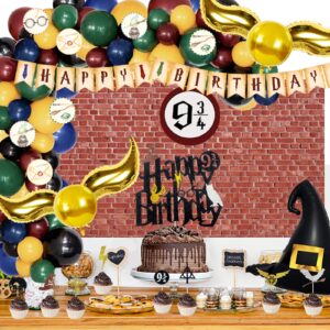 126 PCs Magical Wizard Party Decorations, Fiesec Platform Birthday Party Decorations Red Brick Backdrop Balloon Garland Banner Cake Cupcake Toppers Cutout 4D Golden Snitch Witch Hat Balloon